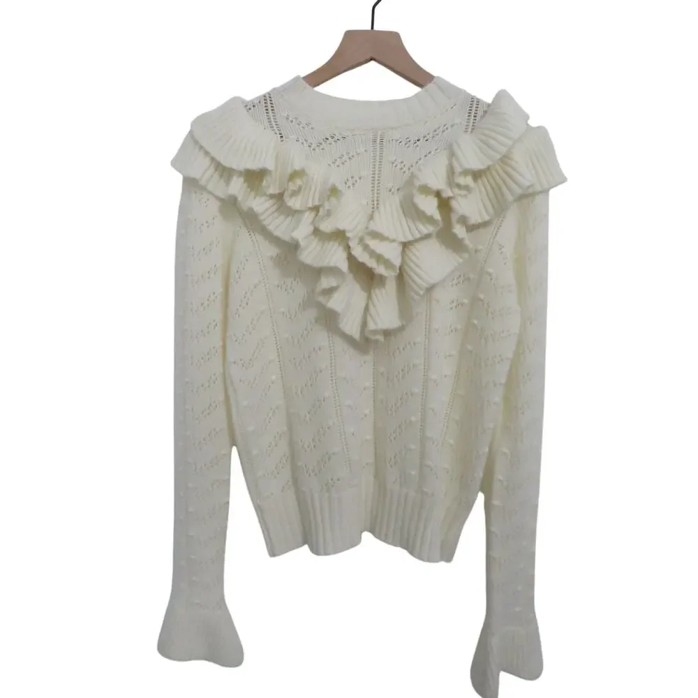 Tularosa Sz L Cream Manny Ruffle Sweater Wool Blend Pointelle Knit Long Sleeve